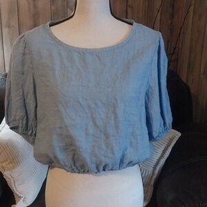 BELLAMBRA Italy Linen Cropped Oversized Blouse Blue L